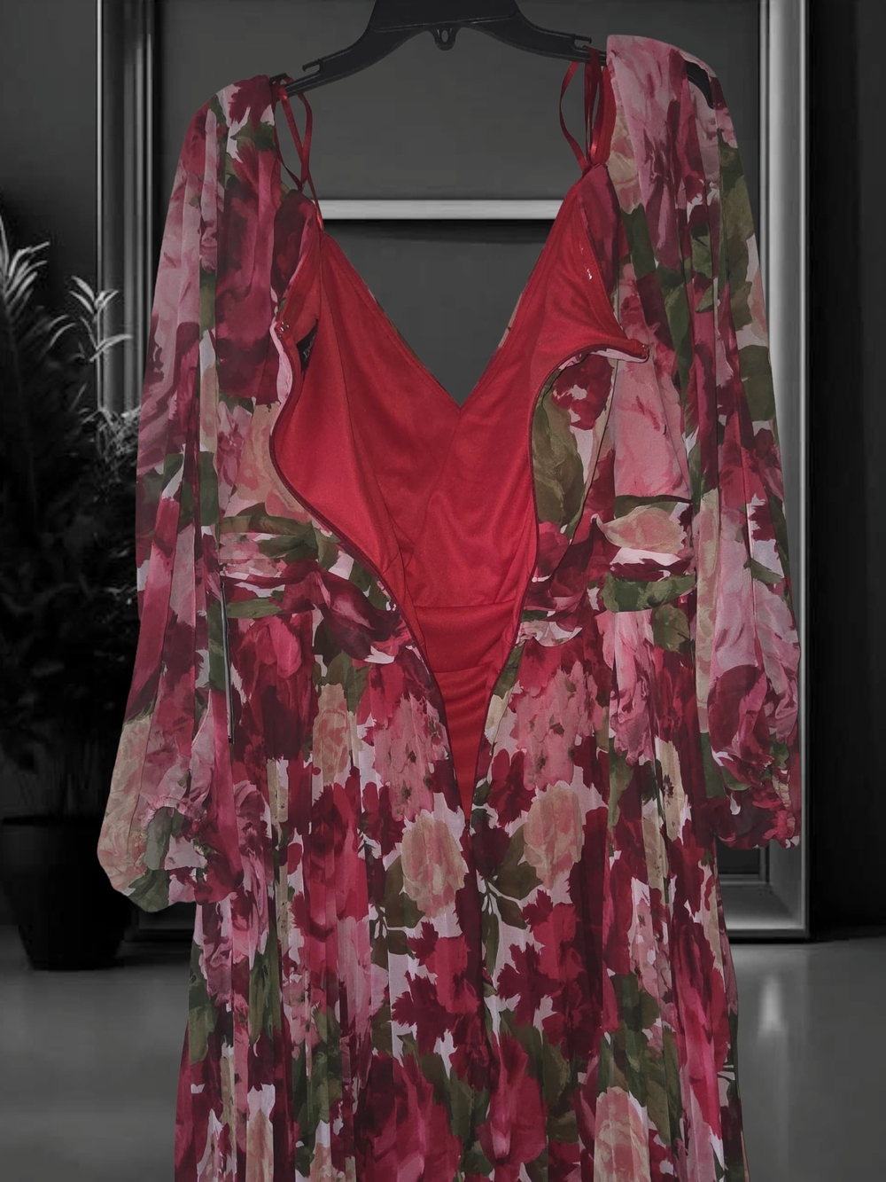 Xscape Plus Size Floral Pleated Maxi Off-The-Shoul Red Olive 20W Dress - Picture 4 of 16